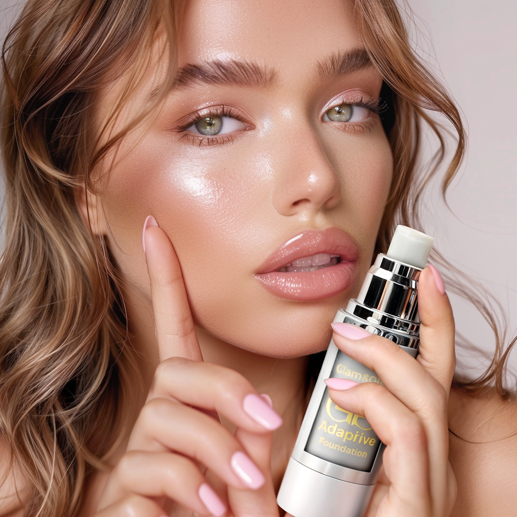 Close-up of a model holding a foundation bottle, showcasing glowing skin and elegant beauty